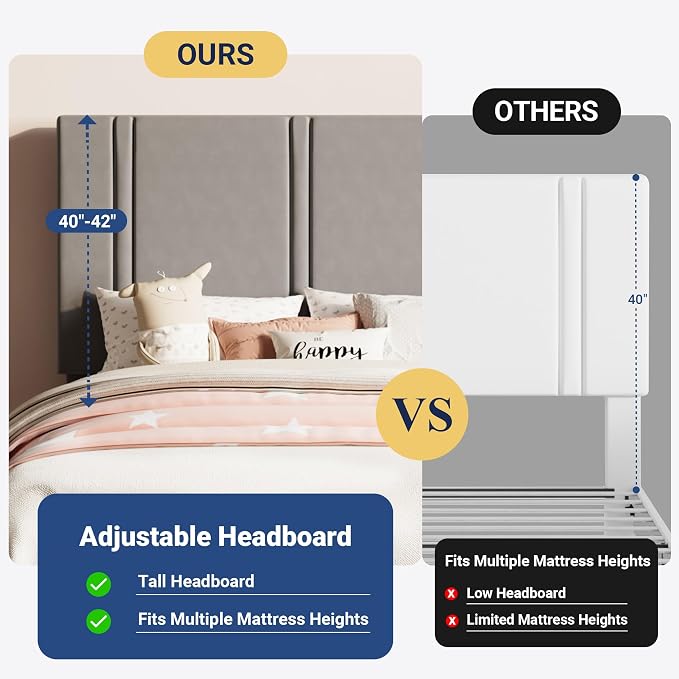 Allewie Twin Size Platform Bed Frame with Adjustable Headboard | Plush Velvet Upholstered, Vertical Channel Tufted, Sturdy Wood Slats, No Box Spring Needed, Easy Assembly, Grey