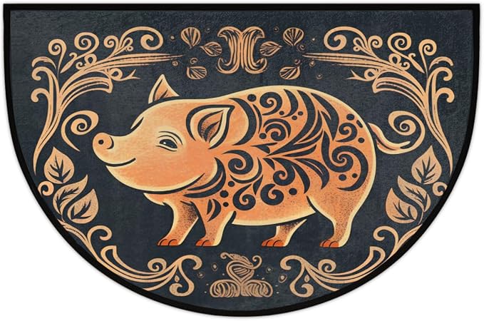 cfpolar Tribe Pig Printing Half Round Door Mat Outdoor Entrance Large 24"x36" Half Circle Welcome Entrance Way Mat Semi Circular Front Door Mat Area Rug for Garage, Patio, High Traffic Areas