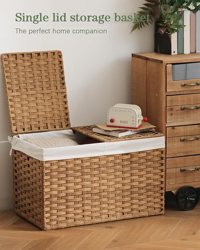 SETVSON Storage Basket with Lid Wicker Baskets for Storage with 2 Separate Lid 42.3 Gallon (160 L) 29.9 x 17.3 x 18.1 Inches Rattan Woven Large Wicker Basket with 2 Liners for Bedroom Laundry Natural