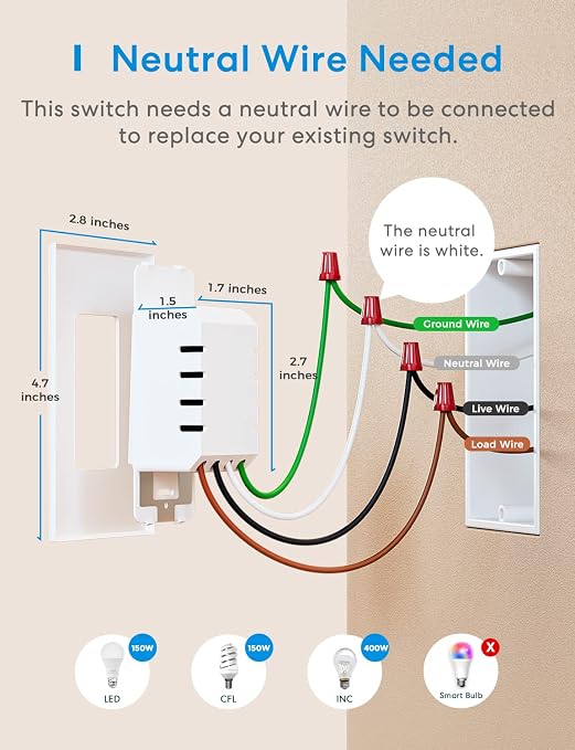 meross Smart Dimmer Switch, Single Pole WiFi Light Switch Works with Apple HomeKit, Alexa, Remote/Voice Control and Schedule, Neutral Wire Required, 2.4GHz WiFi Only, No Hub Required, 2 Pack | Supports HomeKit, Alexa, Google & SmartThings, 2.4GHz Wi-Fi...