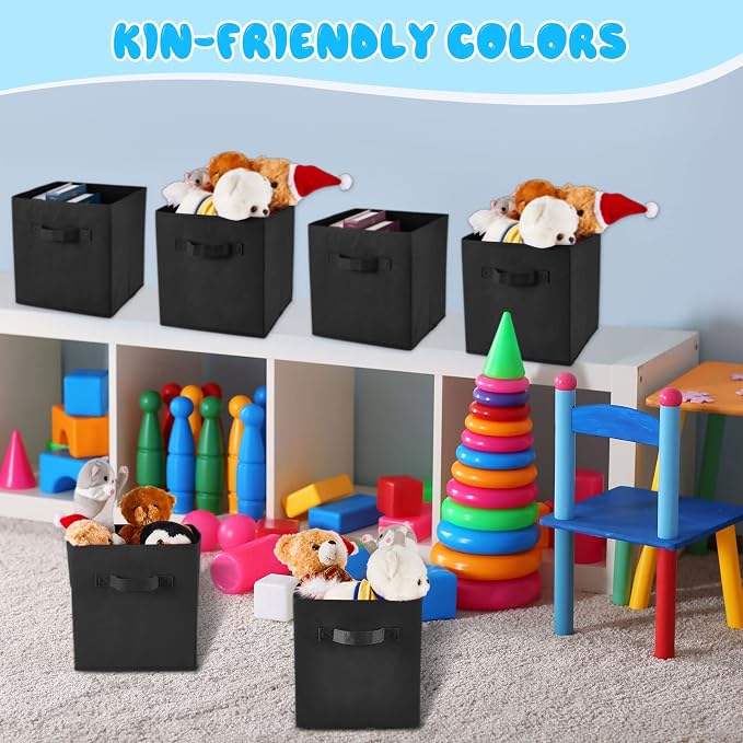 Yinder 12 Pcs Cube Storage Bin Black 10.5''x10.5''x11'' Storage Bins for Playroom Decor Colorful Bins for Kids Foldable Baskets for Nursery Organizer Boxes Fabric Boxes