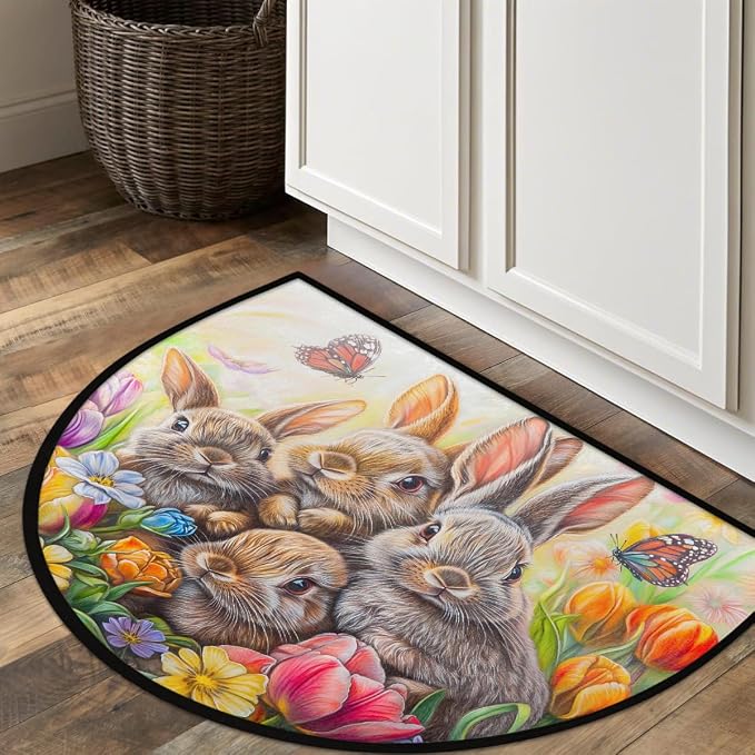 Easter Bunny Tulip Half Round Door Mat Non-Slip Semi Circle Rug Washable Half Moon Floor Rug Absorbent Bathroom Area Rugs for Outdoor Indoor Fireplace Mat Entryway Kitchen Decor Rugs