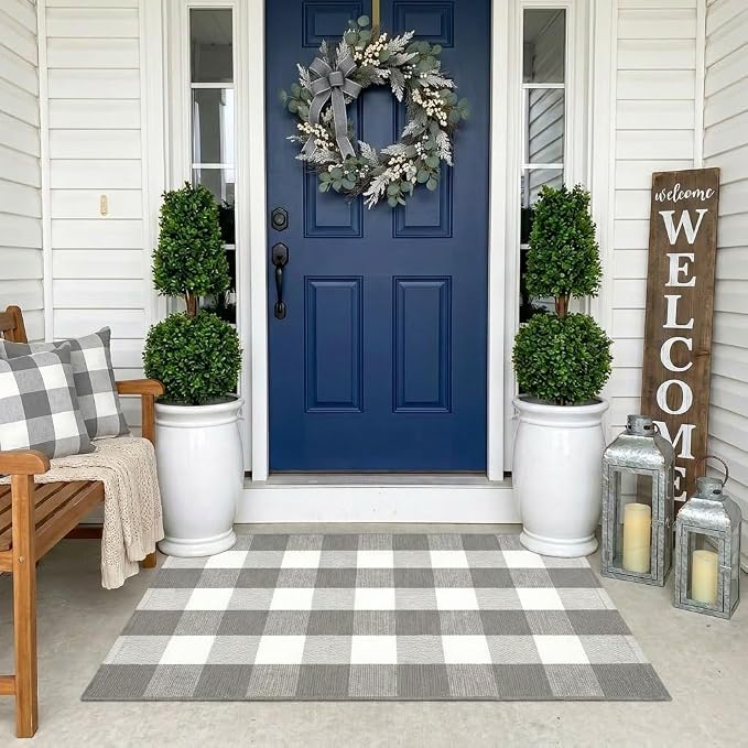 Buffalo Plaid Rug 2'4''x 3'7'' Grey and White Front Door Mat Reversible Layered Porch Rug Washable Hand Woven Cotton Area Rug for Indoor Outdoor Entryway Patio Porch Decor
