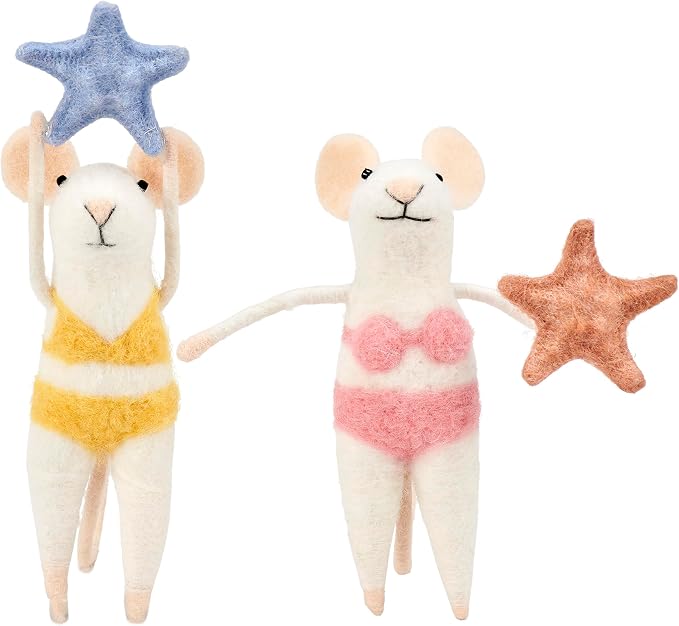 Primitives by Kathy Collectible Felt Critter Set, 4.5-inch, Starfish Mice, Set of Two Beach Themed Decorative mice in Bikinis with Starfish Details - Tiered Tray, Shelf, Tablescape Coastal Home Decor