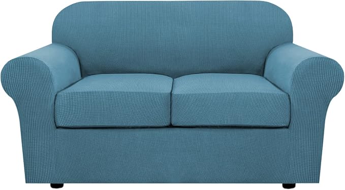 H.VERSAILTEX 3PC Stretch Sofa Covers for Loveseat - Base & 2 Seat Cushions, Thicker Jacquard Fabric (Medium, Storm Blue)