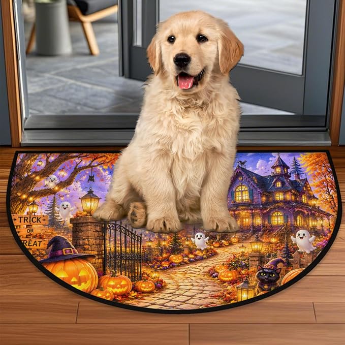Halloween Half Round Door Mat Welcome Entrance Mat Bath Bathroom Rug B3 | Halloween Ghosts Welcome Entrance Mat Anti-Slip Half Moon Bath Mat Semi Circle Rug Indoor Outdoor Kitchen Rug