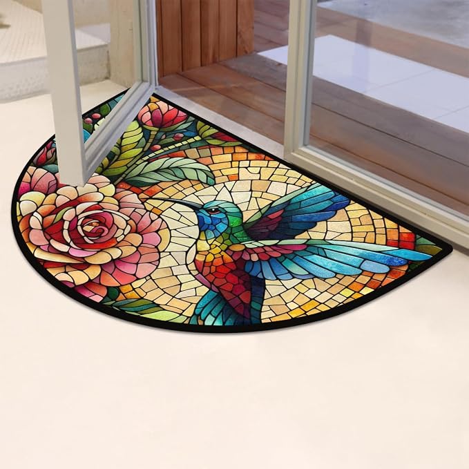 Colorful Hummingbird Flower Half Round Mat Half Moon Door Rug Washable Durable Semi Circle Carpet Floor mats for Indoor Outdoor Bathroom Kitchen Patio Hearth Rug Laundry Room Home Decoration