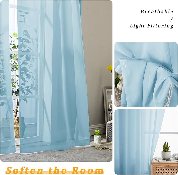 Gwine Sky Blue Sheer Curtains 84 Inches Long 2 Panels Set - Image 3
