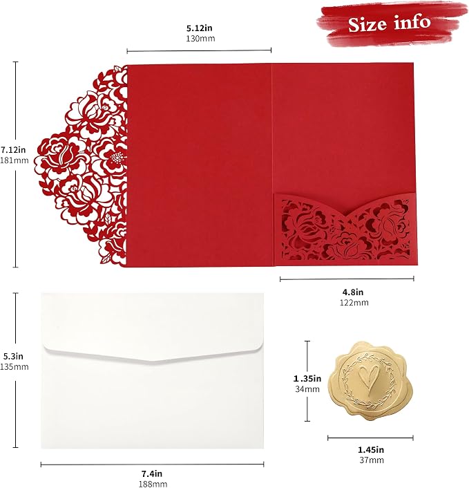DORIS HOME Laser Cut Quinceanera Invitation Pockets, Red, 5"x7" | 50pcs, With Envelopes, For Birthday, Miss 15, Sweet 16, No Inserts Included