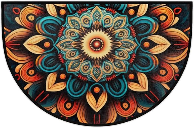 Bohemian Flower Half Round Door Mat, Non-Slip Entrance Welcome Mat for Indoor Semi Circle Bathroom Floor Rugs Outdoor Mats House Entry Way Heavy Duty Doormat for Kitchen Living Room 36x24 Inch