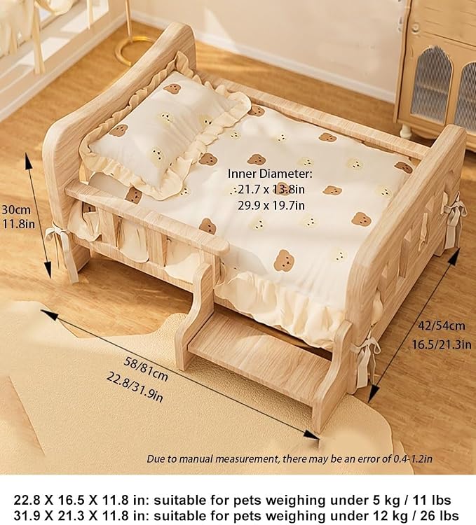 Wood Dog Bed, Floor Standing Pet Furniture with Winter Bedding and Stairs, Comfortable Resting Solution for Pets, Easy Assembly(31.9 X 21.3 X 11.8IN)