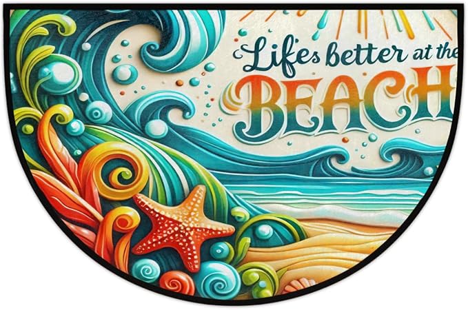 Beach Sea Summer Half Round Door Mat Non-Slip Semi Circle Rug Washable Half Moon Floor Rug Absorbent Bathroom Area Rugs for Outdoor Indoor Fireplace Mat Entryway Kitchen Decor Rugs