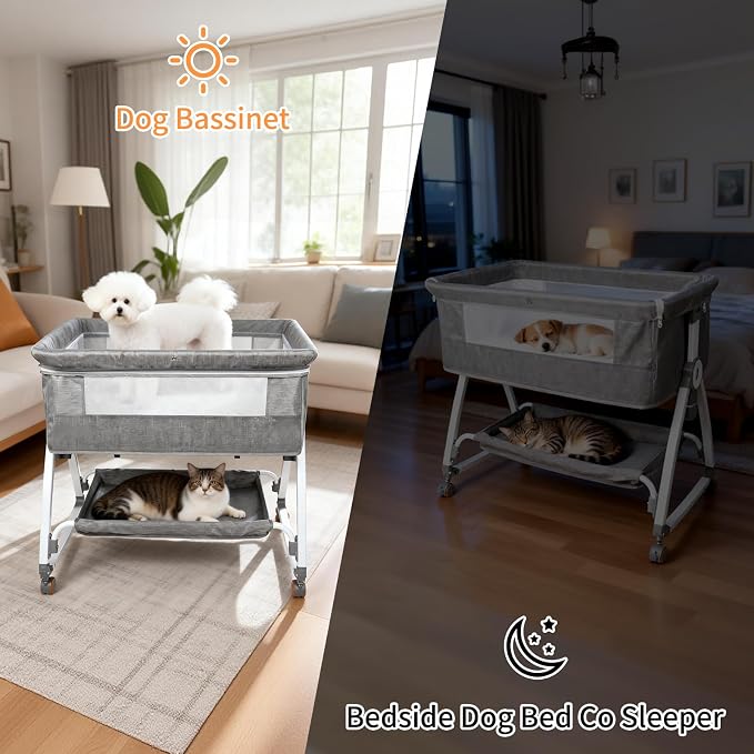 YUEPET Bedside Dog Bed Sleeper, 6-Level Adjustable Pet Bassinet with Lockable Wheels, Removable Washable Cover, Breathable Mesh & Large Storage Extension for Small Medium Dogs Cats (35'' × 21.7''