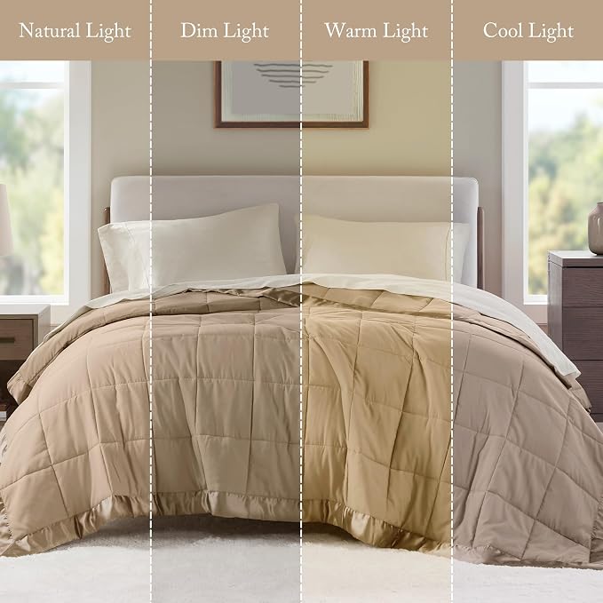 Madison Park Down Alternative Twin Size Blanket for Bed, Satin Trim, Brown | Lightweight Windom Blanket Premium 3M Scotchgard Moisture Wicking Treatment, OEKO TEX, Soft Bed Cover, All Season