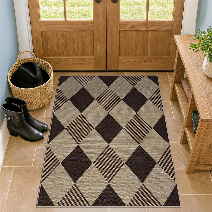 3x4 Entryway Door Mat Indoor – Washable Non Slip Small Rug for Front Door, Kitchen Sink, Mudroom, Garage Entry, Low Profile Easy Clean Farmhouse Plaid Floor Mat