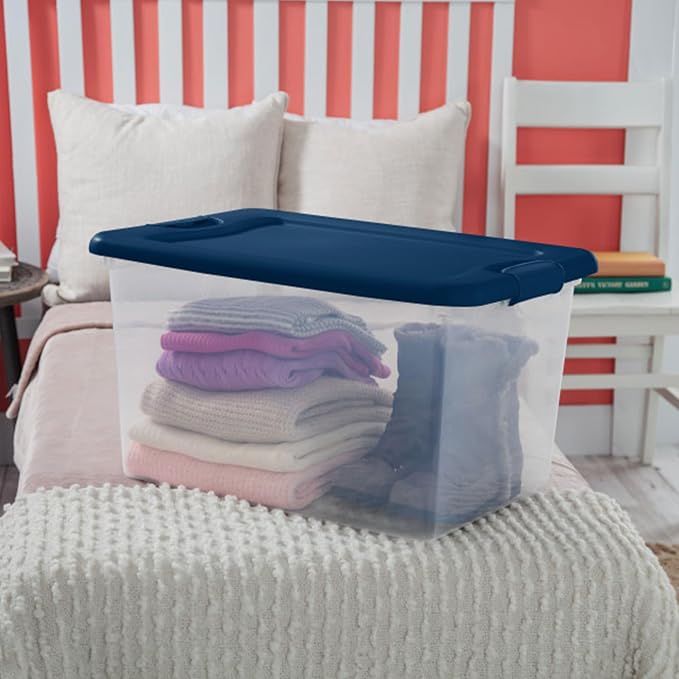 Sterilite Color Program, Large Clear Plastic Storage, 64 Quart, 12-Pack | Clear Bins with Blue Lids - Stackable Organizing Container Boxes for Closet, Bathroom, and Office