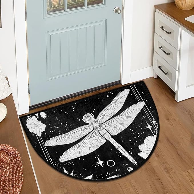Dragonfly Half Round Door Mat Outdoor Doormat Bedroom Entrance Rug A15 | Vintage Dragonfly Semi Moon Door Mat Non-Slip Absorbent Kitchen Rug Indoor Welcome Bath Mat 36" X 24"