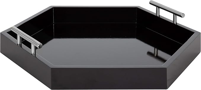 Kate and Laurel Lipton Modern Hexagon Tray, 18 x 18, Black and Silver, Decorative Tray for Storage and Display