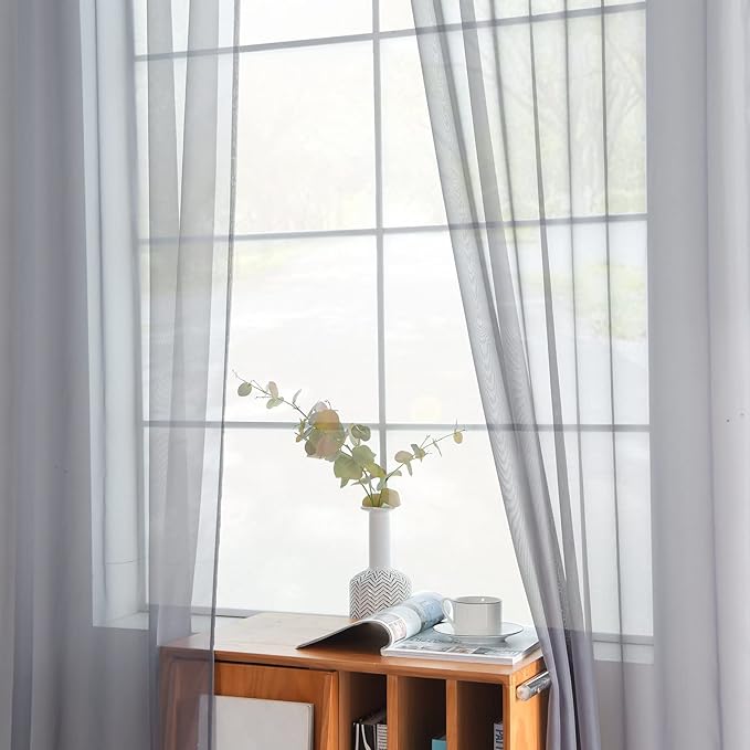youleyar Solid Sheer Rod Pocket Curtain Voile Draperies 2 Panels White Beige Black Grey Coffee 52 Inch Width 108 Inch Long 1 Pair for Kitchen Bedroom Children Living Room Yard(Grey,52Wｘ108L)