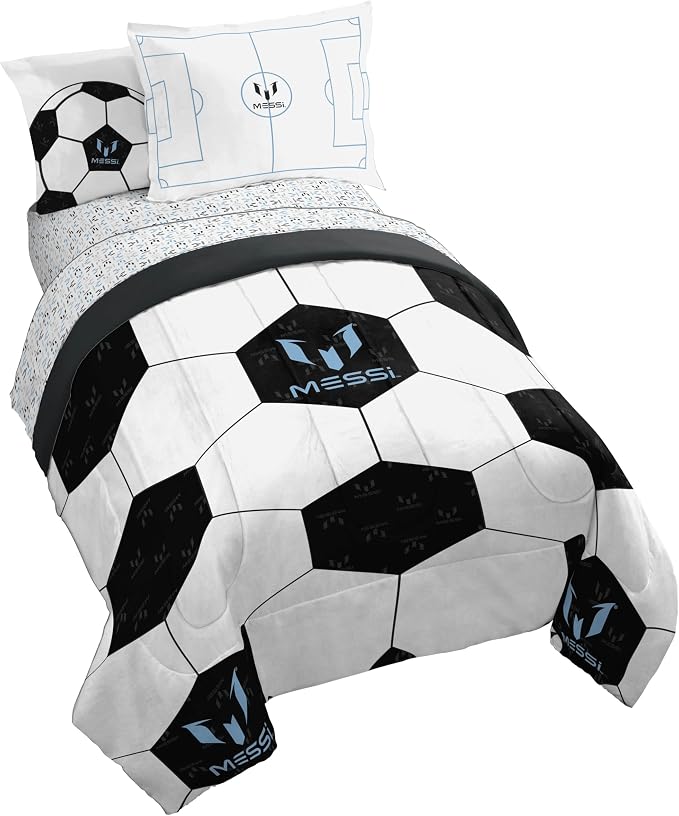 Messi Twin Comforter Set 5 Piece Kids Sports Bedding for Boys, White | Bed in a Bag, Comforter Sheets Sham Pillowcase, Official Brand, Soft Microfiber, Machine Washable, Easy Care, Boys Gift