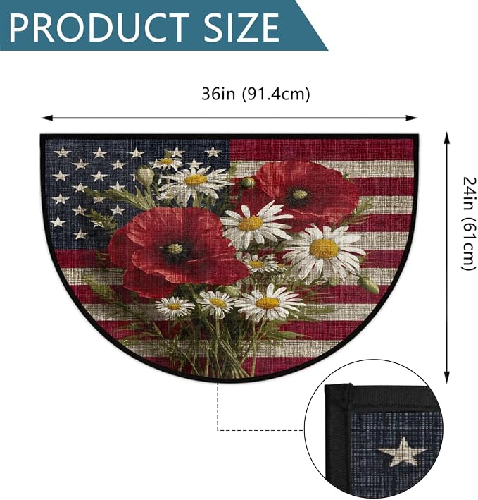 Poppy Flag Half Round Door Mat Non-Slip Semi Circle Rug Half Moon Doormat | Poppy American Flag Soft Washable Welcome Entrance Mat for Outdoor Indoor Floor Bedroom Bathroom Home Kitchen Festival Decor