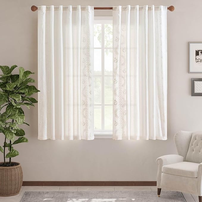 jinchan Belrose Linen Curtains for Bedroom Floral Curtains 63 Inch Length Linen Blend White Embroidered Drapes Farmhouse Flower Patterned Drapes for Living Room Window Treatments Set 2 Panels