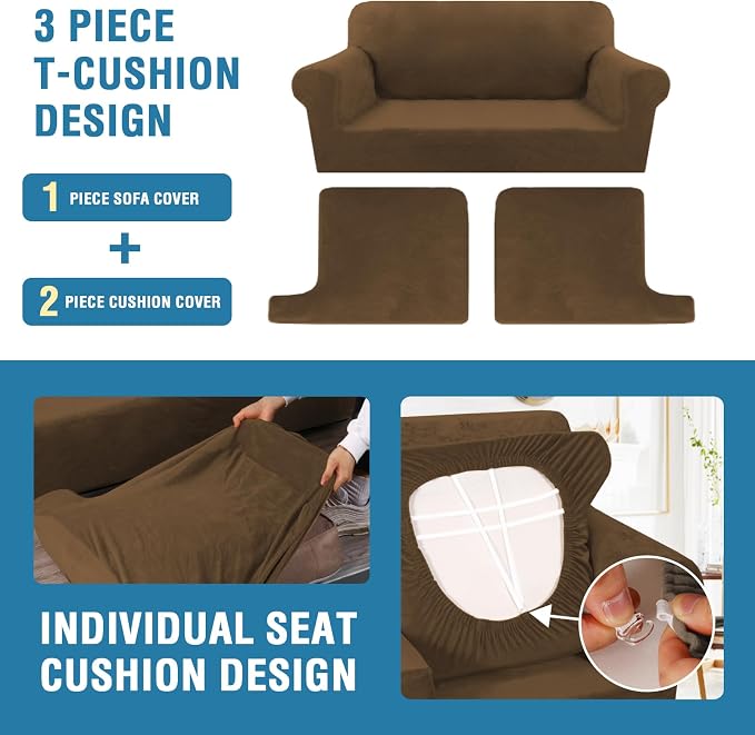 H.VERSAILTEX Sofa Cover 3 Piece T Cushion Loveseat Slipcovers Thick Velvet Couch Cover Stretch T Cushion Sofa Covers for 2 Cushion Couch with 2 Individual T Cushion Covers, Bronze Brown
