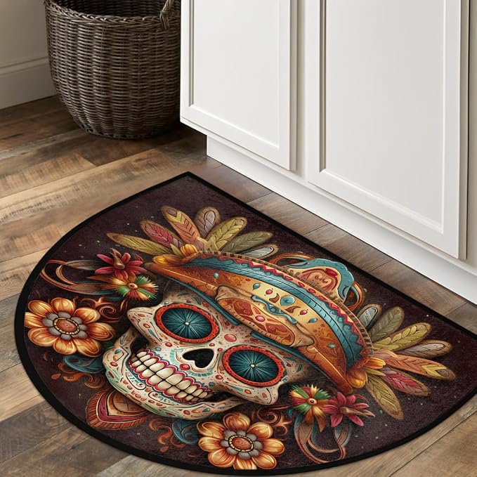 Flower Skull Half Round Door Mat Non Slip Half Circle Rugs | Ethnic Goth Washable Half Moon Rug Semi Circle Rugs Indoor Entrance Floor Carpet for Kithen Bedroom Fireplace Decor
