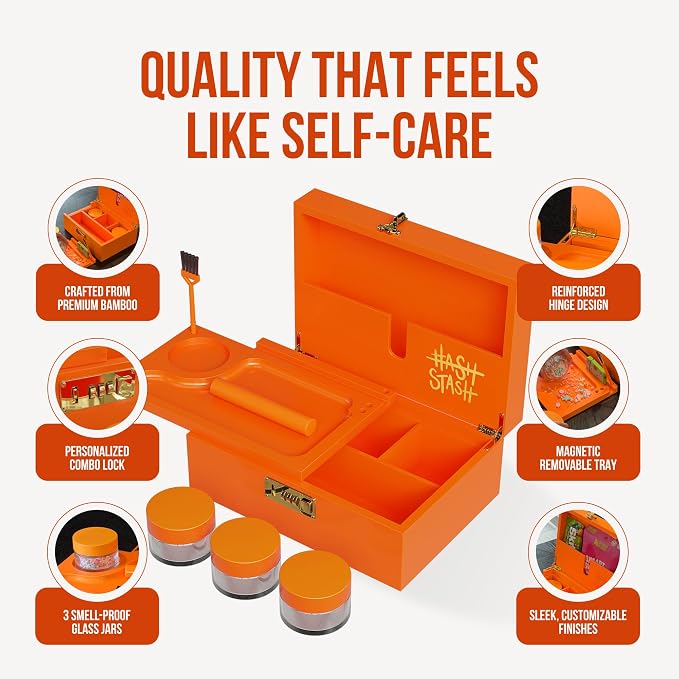 HASHSTASH The OG Storage Box - Large Bamboo Box with Combination Lock, Magnetic Lid, Organizer Tray, Airtight Tube and 3 Jars - Discreet Decorative Locking Wooden Box with Accessories (Neon Orange)