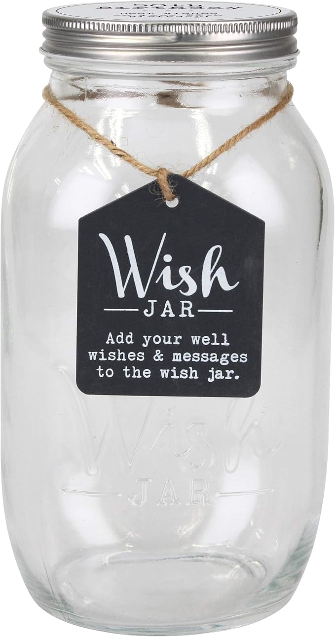 Top Shelf 50th Birthday Wish Jar With 100 Tickets, Pen, and Decorative Lid