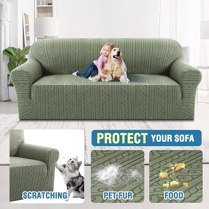 H.VERSAILTEX Couch Covers 1 Piece High Stretch Sofa Covers Furniture Protector Anti-Slip Soft Dogs Slipcovers Washable Upgrade Thick Jacquard Fabric with Spiral Pattern(75"-85", Sea Grass)