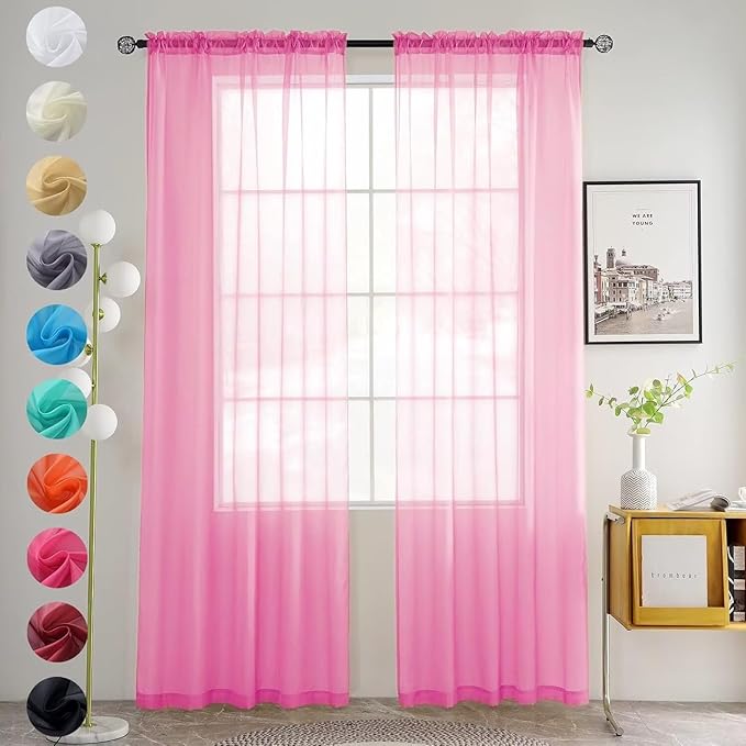 youleyar Solid Sheer Rod Pocket Curtain Voile Draperies 2 Panels White Beige Black Grey Ivory 70 Inch Width 108 Inch Long 1 Pair for Kitchen Bedroom Children Living Room Yard (Pink,70Wｘ108L)