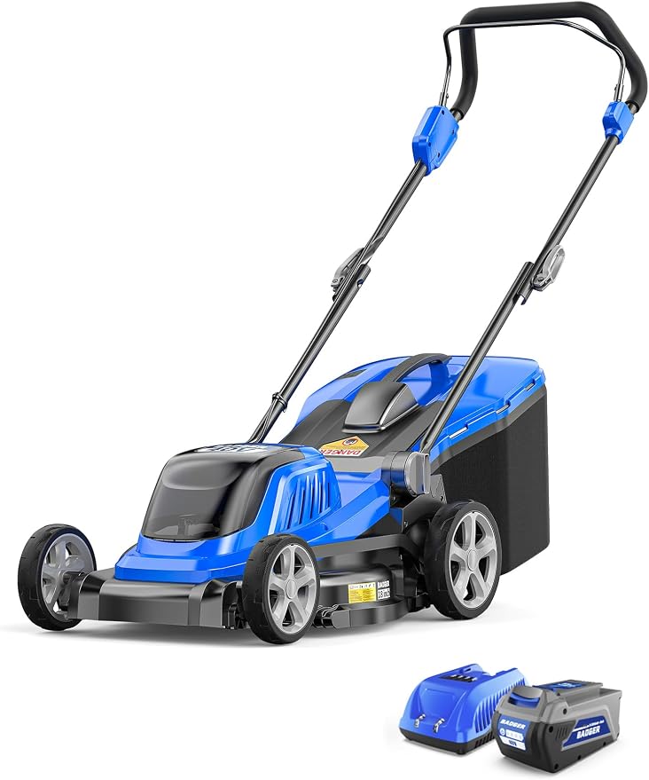 Wild Badger Power 40V 18-In Brushless Cordless Electric Lawn Mower | 18-in brushless push mower for small-to-medium lawns; 5 cut heights, 3-in-1 clipping modes, 40V 4.0Ah battery and charger.