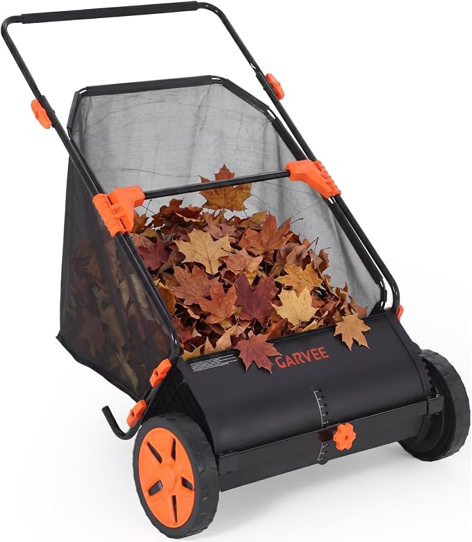 21 Inch Push Lawn Sweeper with Large 3.5 cu ft Collection Bag, Heavy Duty | Steel Frame, 10" Rubber Wheels, 4 Spinning Brushes, Manual Height Adjustment for Leaves Grass and Yard Debris, Black Orange