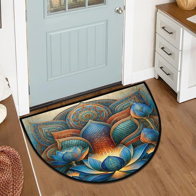 Lotu Half Round Door Mat Semi Circle Rug Half Moon Doormat | Soft Washable Mandala Vintage Welcome Entrance Mat for Outdoor Indoor Floor Bedroom Bathroom Home Kitchen Festival Decor