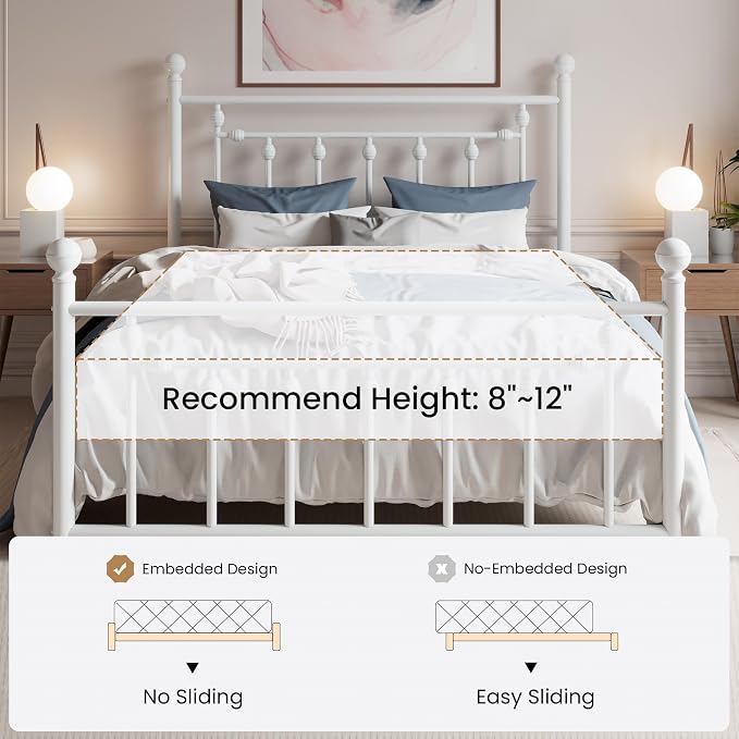 SHA CERLIN 14" Queen Size Metal Platform Bed Frame/Victorian Headboard and Footboard/Steel Slats Mattress Foundation for Storage/No Box Spring Needed/Noise Free/White