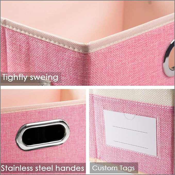 PRANDOM Collapsible Storage Bin with Lid [3-Pack] Fabric Foldable Storage Box Organizer Container Basket Cube with Cover for Home Bedroom Closet Office Nursery Pink&Cream(14.9x9.8x9.8)