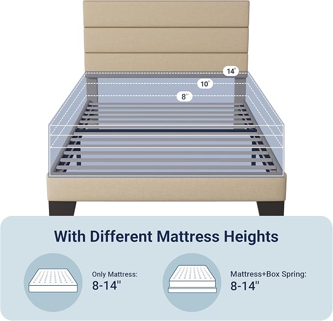 Allewie Twin Size Platform Bed Frame with Fabric Upholstered Headboard | Wooden Slats Support, Fully Upholstered Mattress Foundation, No Box Spring Needed, Easy Assembly, Noise-Free, Beige