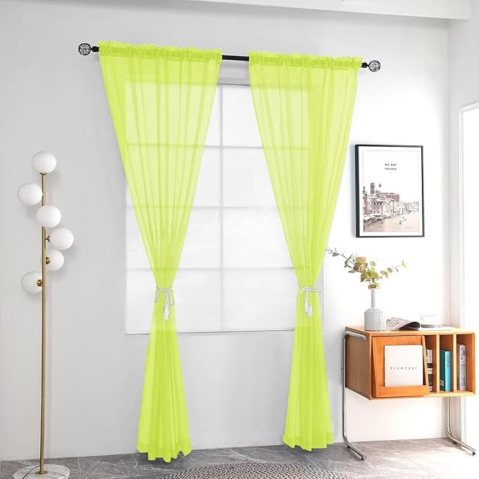 youleyar Solid Sheer Rod Pocket Curtain Voile Draperies 2 Panels White Beige Black Grey Ivory 52 Inch Width 84 Inch Long 1 Pair for Kitchen Bedroom Children Living Room Yard (Chartreuse,52Wｘ84L)