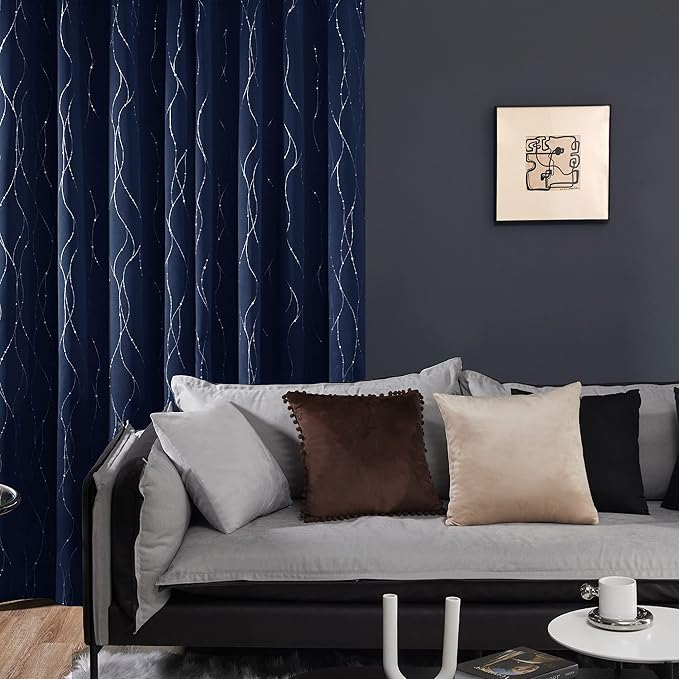 Deconovo Short Kitchen Curtains, Navy Blue Blakcout Curtain 38 x 45 Inch, Thermal Insulated Soundproof Drapes with Silver Wave Dots Prit, Grommet Top, Machine Washable for Nursery Bedroom Living Room