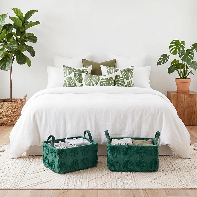 2 Pcs Monstera Storage Basket 14x10'' Back to School Gift Basket | Green, Summer Leaves, Foldable, Fluffy Plush, Closet Organizer Bin with Handle, for Shelves Home Office, Laundry Tabletop Car