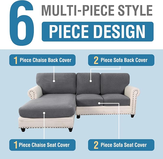 H.VERSAILTEX Sectional Couch Covers 6 Pieces Stretch Sofa Covers for Sectional Sofa Set Separate L Shaped Couch Cover for Both Left/Right Couch (Seat and Back: 1 Chaise + 2 Sofa, Grey)