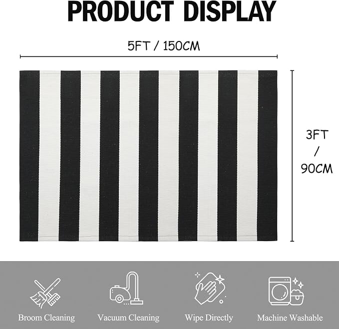 Striped Rug Outdoor Porch Rug Black and White 3'x5' Washable Layered Outdoor Doormat Front Door Mat Cotton Striped Outdoor Rug for Front Door Entryway Patio Laundry Kitchen