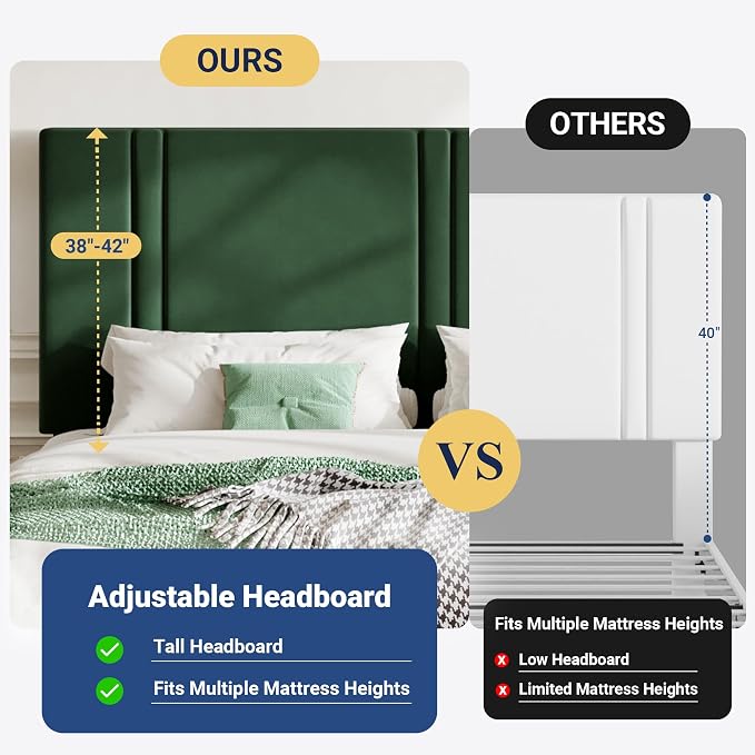 Allewie California King Size Platform Bed Frame with Adjustable Headboard | Plush Velvet Upholstered, Vertical Channel Tufted, Sturdy Wood Slats, No Box Spring Needed, Easy Assembly, Green