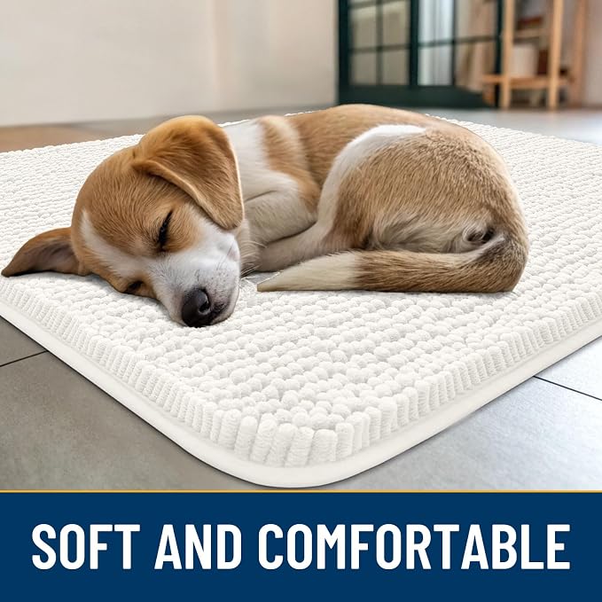 Smiry Dog Door Mat for Muddy Paws 48x30, Absorbent Dirt Trapper, Non-Slip Washable Chenille Entryway Rug for Inside Floor, Ivory, Classic Solid