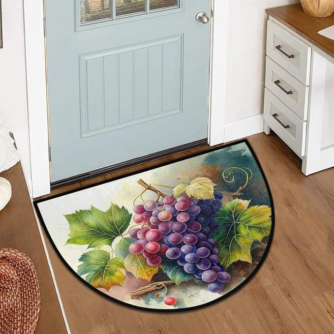 Hand Painted Grapes Half Round Door Mat Non-Slip Semi Circle Rug Washable Half Moon Floor Rug Absorbent Bathroom Area Rugs for Outdoor Indoor Fireplace Mat Entryway Kitchen Decor Rugs