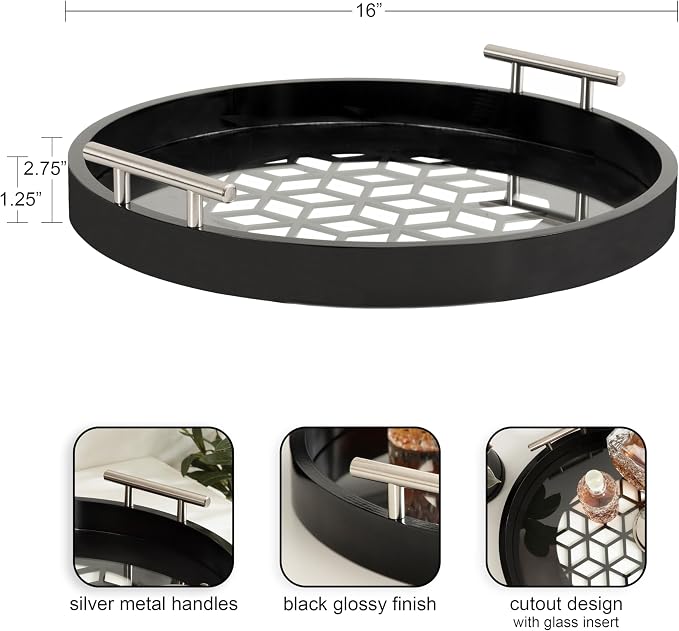 Kate and Laurel Caspen Cut Out Pattern Decorative Round Tray with Silver Metal Handles; 16 x 16; Black and Silver; Modern Glam Serving Tray with Handles for Living Room Decor