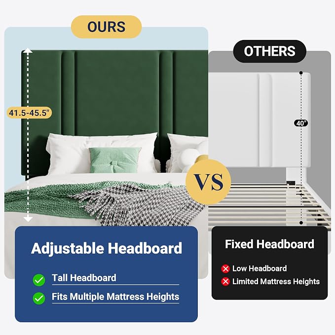Allewie Queen Platform Bed Frame with Adjustable Headboard | Plush Velvet Upholstered, Vertical Channel Tufted, Sturdy Wood Slats, No Box Spring Needed, Easy Assembly, Green