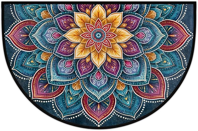 Mandala Half Round Door Mat Semi Circle Rug Half Moon Doormat | Soft Washable Bohemian Floral Welcome Entrance Mat for Outdoor Indoor Floor Bedroom Bathroom Home Kitchen Festival Decor