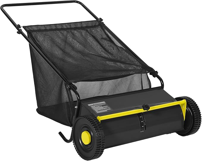 26 Inch Push Lawn Sweeper, 7 Cu.ft Large Capacity Leaf Collector with 4 Spinning Brushes, Adjustable Height Heavy Duty Steel Frame Lawn Sweeper with Rubber Wheels for Yard Garden Grass Leaves Debris